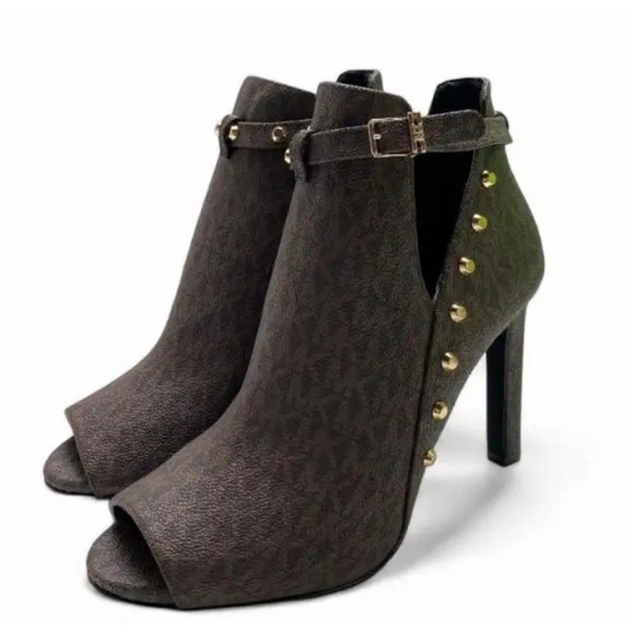 Michael Kors Shoes - Michael Kors Logo Lawson Studded Heels – Brown Peep Toe Booties – Size 9M‎
